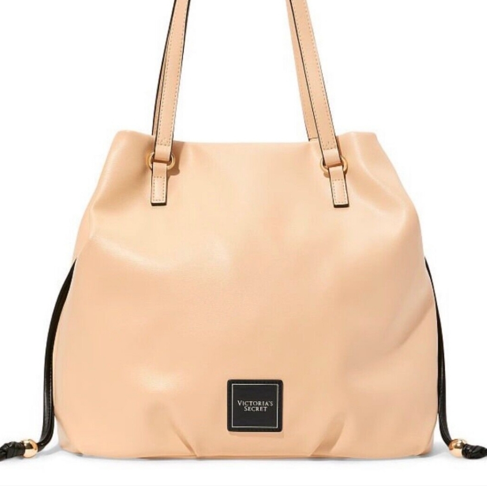 NEW VICTORIA'S SECRET CINCH TOP BARE TOTE PURSE BAG SHOULDER BEIGE GOLD HANDBAG